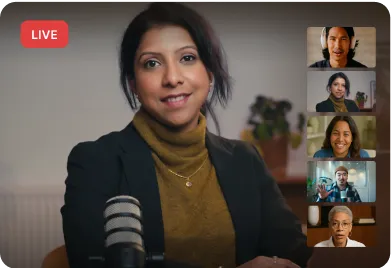 Woman speaking during a live video conference with four participants in thumbnails on the right.